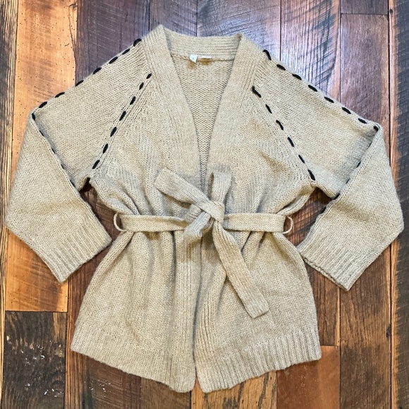 MOTH by Anthropologie Tie Waist Open Knit Cardigan Women’s Size Small in Camel - Picture 1 of 4